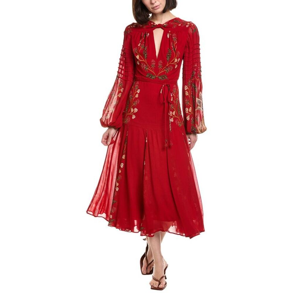 Farm Rio Womens  Berry Garden Red Long Sleeve Pleated Maxi Dress